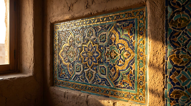 An intricate mosaic tile pattern decorates an ancient stone wall in a historic building.