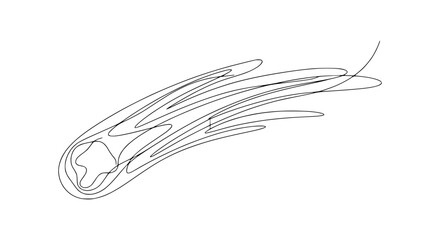 Minimalist single line drawing of a comet with a star shaped nucleus and flowing tail isolated on white © fadli