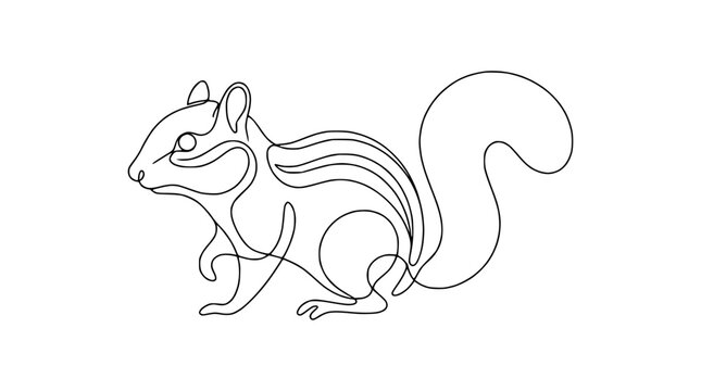 Minimalist single line drawing of a chipmunk isolated on transparent background black outline art