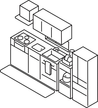 壁付けキッチンのアイソメ図_線画