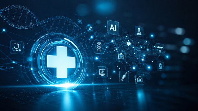 AI generated digital healthcare network medical cross DNA data connected clinical icons representing smart medicine diagnosis monitoring future health technology