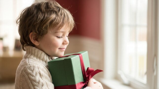 Young boy smile while hold green gift box in knit sweater for festive holiday celebration