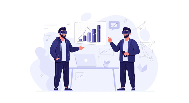 Two men wearing VR headsets interacting with a virtual presentation of financial data and charts in a modern office setting.