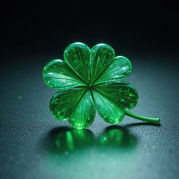 Glowing Green Four Leaf Clover With Water Drops On Dark Background Concept Of Good Luck