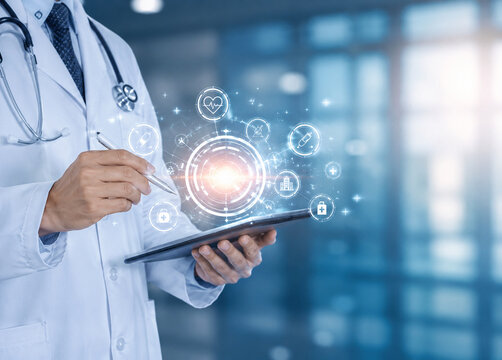 AI generated doctor using tablet stylus holographic medical icons for digital healthcare diagnosis patient monitoring modern hospital technology innovation