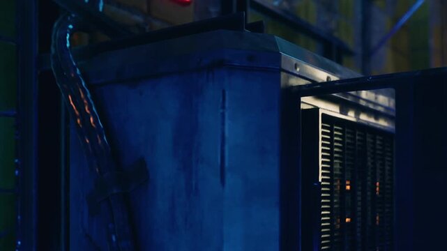 The scene shows a metallic container in an industrial area. Neon lights reflect on the surface. Shadows create a moody atmosphere in the background. The location is quiet and dim.