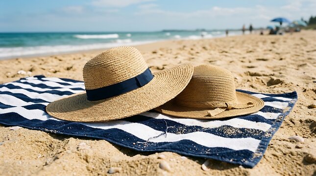 Two straw hats resting on a blue and white striped towel at a sunny beach