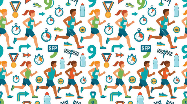 Seamless Pattern of Marathon Runners and Sports Equipment