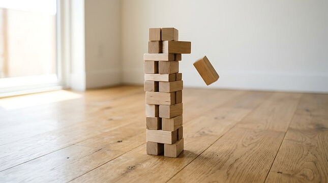 A precarious tower of wooden blocks teeters on the brink of collapse in a bright and airy room with a wooden floor.