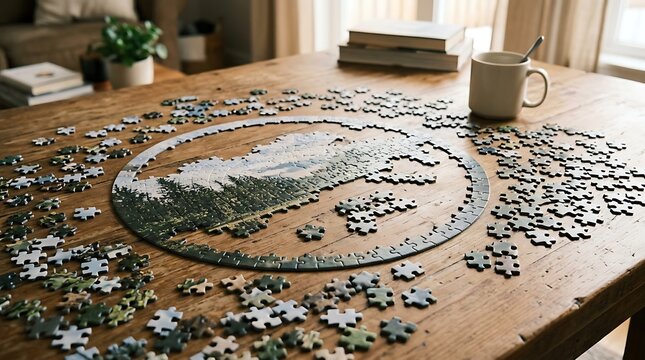 A person enjoys a quiet moment of leisure assembling a challenging jigsaw puzzle on a wooden table in a cozy living room.