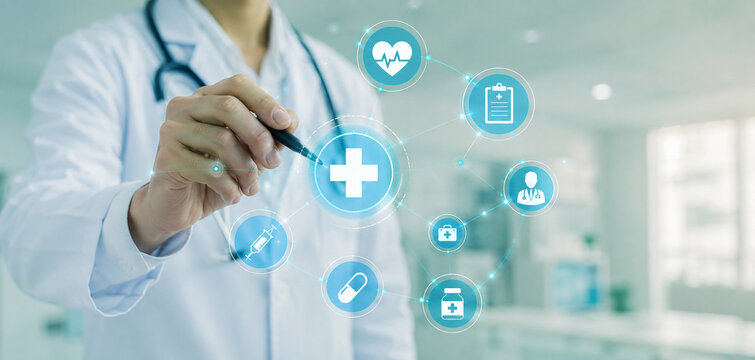 AI generated doctor using tablet holographic medical icons connected health network representing digital healthcare diagnosis patient monitoring modern clinical technology