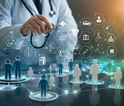 AI generated doctor using tablet holographic medical interface human body health data diagnostic icons representing digital healthcare technology patient monitoring