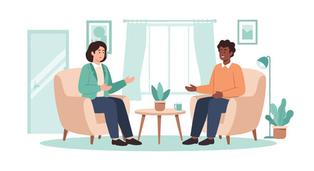 Fototapeta premium A woman and a man are sitting in comfortable armchairs having a friendly conversation in a modern living room setting.