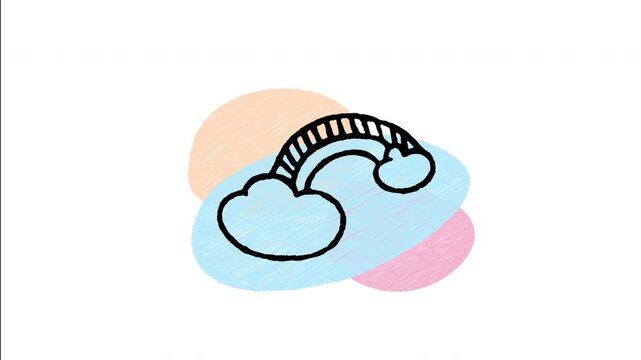 An animated hand-drawn colorful rainbow arching between two fluffy clouds. Great for post-rain weather forecasts, hope and happiness symbols, sky scenes, and colorful nature decor. 