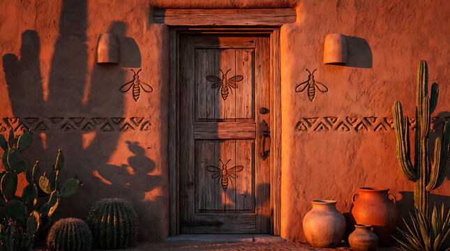 A rustic wooden door is set into a textured adobe wall adorned with carved bee motifs.