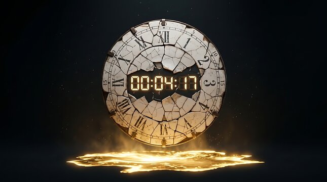 A broken clock with a digital timer displaying 00:04:17 against a dark background