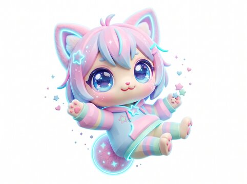 Cute chibi cat character in pastel pink and blue colors floating illustration