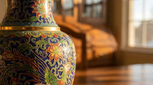 A close up of a colorful cloisonne vase sits in a softly lit interior room.