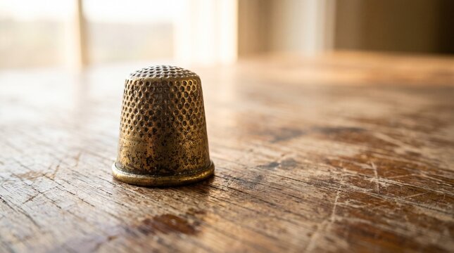 Aged Metal Thimble, Essential Sewing Tool on Rustic Wood Surface