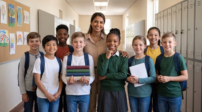 Diverse group of happy students and smiling teacher in a school hallway