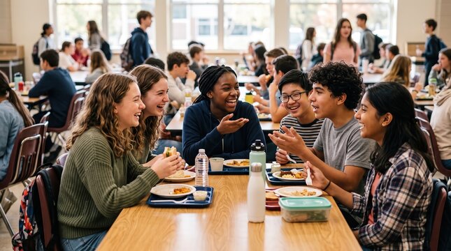 Diverse Group of High School Students Eating and Talking in Cafeteria