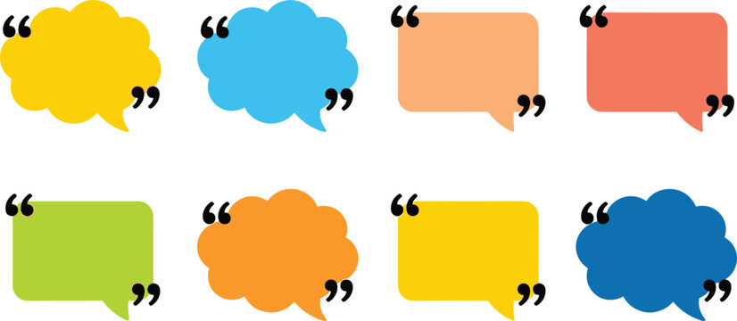 Colorful quote box frame vector set with speech bubbles and quotation marks isolated on white background for testimonials citations comments and reviews