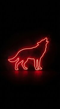 Red glowing neon wolf howling silhouette against a dark background with glow sign neon light black background silhouette wildlife