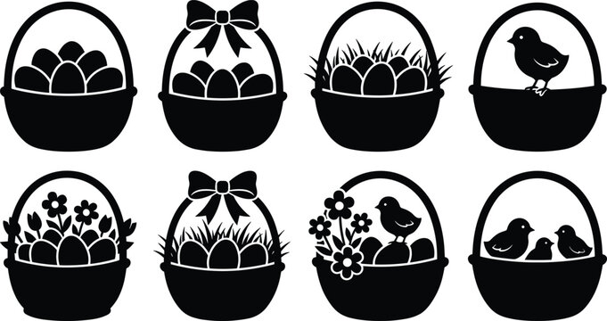 Easter Basket Silhouette Collection with Eggs, Flowers, Grass and Cute Spring Birds