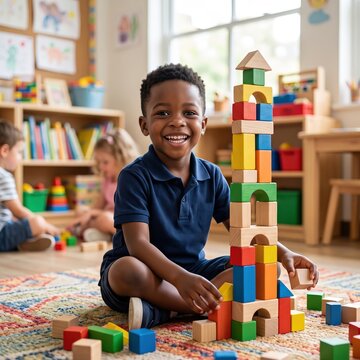 Happy boy playing with colorful wooden building blocks in a preschool classroom