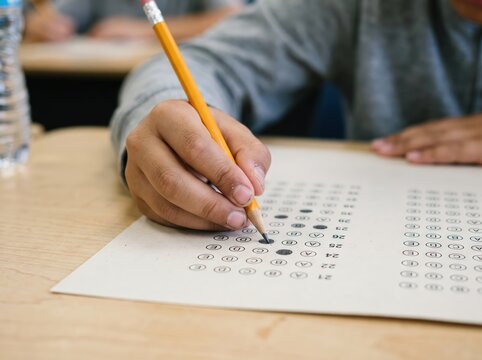 Student Filling in Bubble Answer Sheet for Multiple Choice Exam