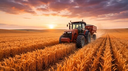 Naklejka premium Red tractor harvesting golden wheat field at sunset with dramatic clouds