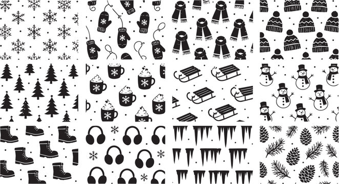 Winter seamless pattern set with hand drawn holiday elements
