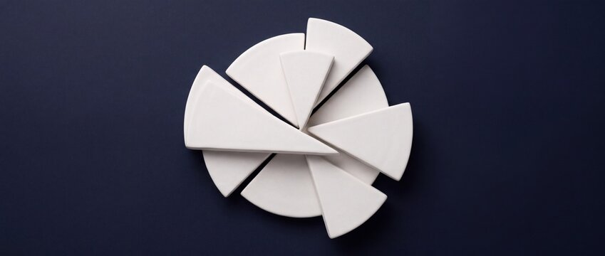 White ceramic pie chart segments arranged in circular pattern represent visual data analysis statistics for business performance reporting and management metrics.