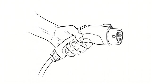 Hand holding electric vehicle charger plug sketch line drawing with charging connector electricity transportation sustainable