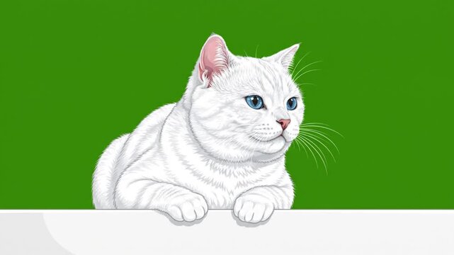 Fluffy White Cat Resting Over White Border Banner on Green Screen. 4K Video