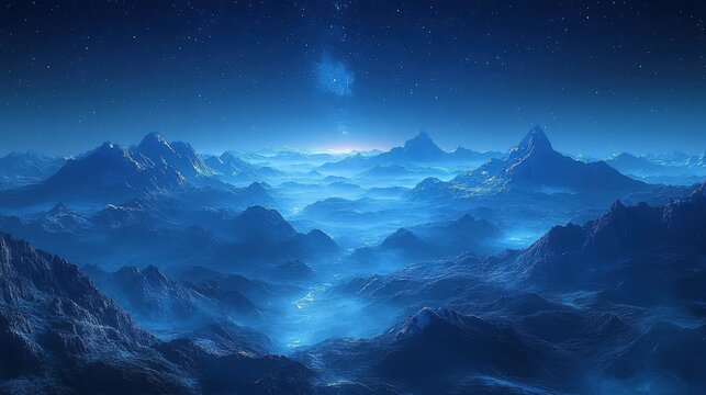 Starlit Mountain Range At Night With Glowing Blue Mist And Clear Celestial Sky Background