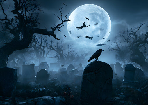 Old cemetery Halloween background. Scary trees, bats, tombstones, and crows