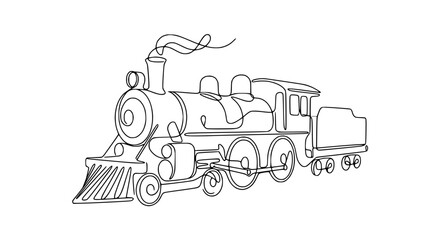 Single line drawing of a vintage steam locomotive train isolated on white background © rafi