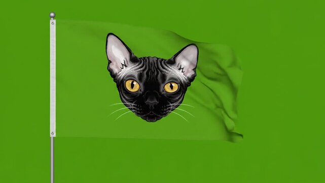 Sphynx Cat Head Centered on Green Screen Flag Background. 4K Video
