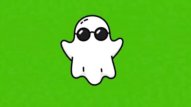 Cute Floating Ghost Wearing Sunglasses Cartoon on Green Screen. 4K Video