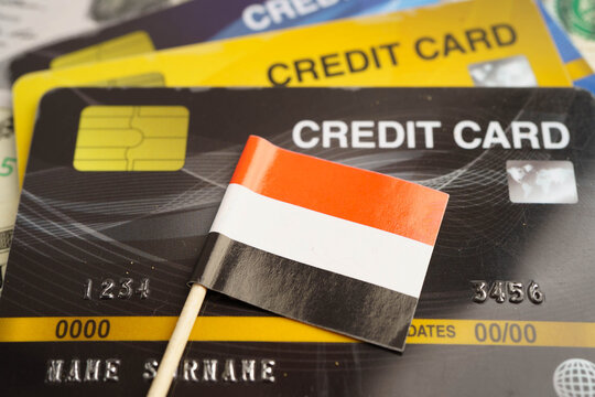 Yemen flag on credit card, finance economy trading shopping online business.