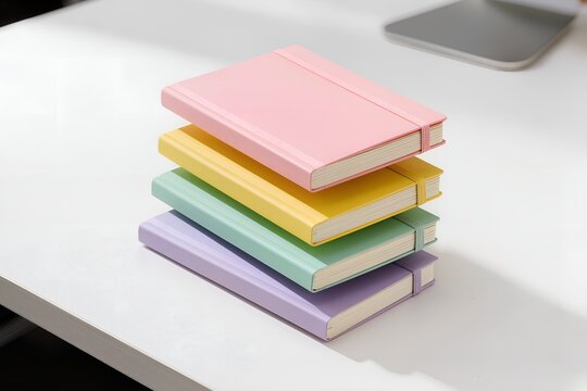 Stack of Four Blank Pastel Notebooks on White Desk Minimal Background