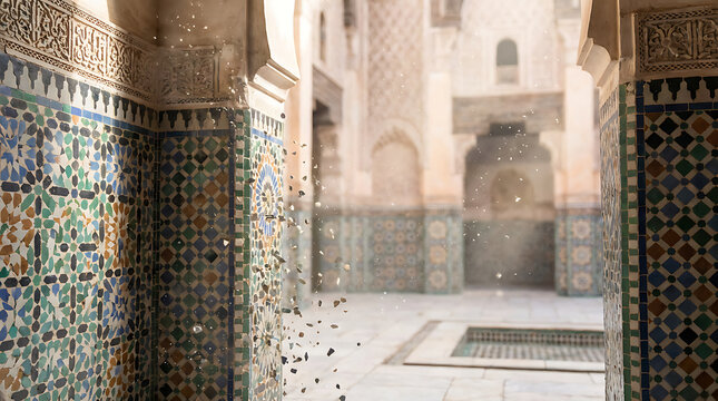 Intricate geometric zellige tile patterns decorate the walls of a historic Moroccan.