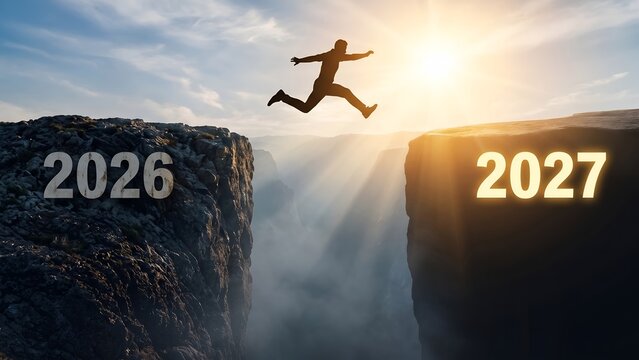 Silhouette of a man jumping across a canyon from 2026 to a glowing 2027. Concept of new year transition and overcoming business challenges.