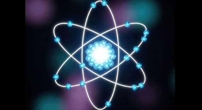 Abstract glowing atomic model with orbiting electrons against a dark background