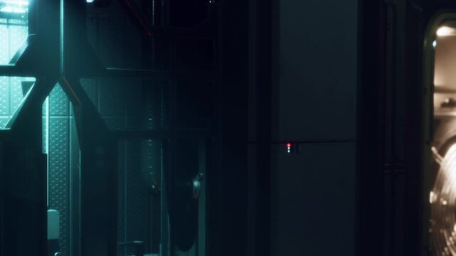 A person walks through a narrow corridor in a building. Bright lights create an atmosphere while shadows fill the space. The scene takes place at night in a modern area.