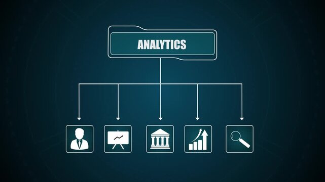 Business analytics strategy flowchart concept, digital corporate data research structure animation, hud management flowchart diagram, blue motion graphics