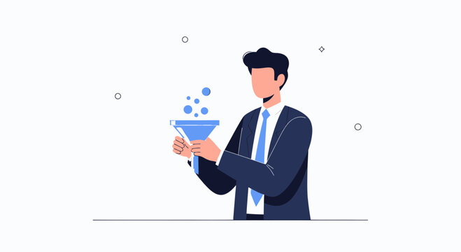 Businessperson using a funnel to filter data, ideas, or leads - vector illustration