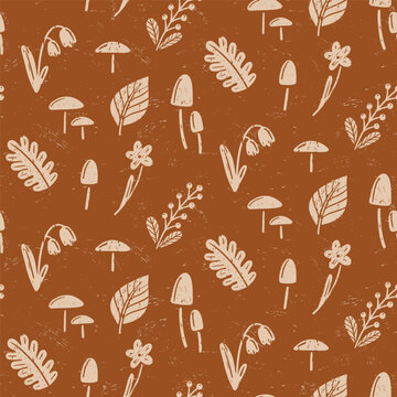 Hand Drawn Woodland Mushroom and Wildflower Seamless Pattern