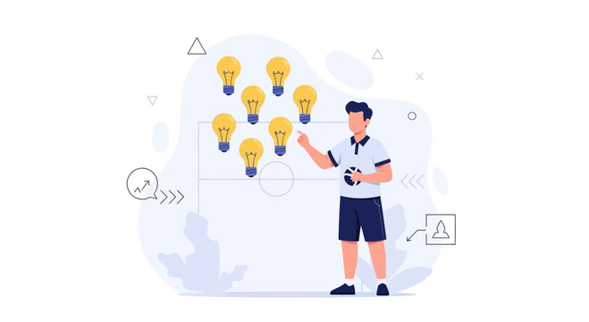 Coach Planning Strategy with Lightbulb Ideas on Soccer Field Playboard
